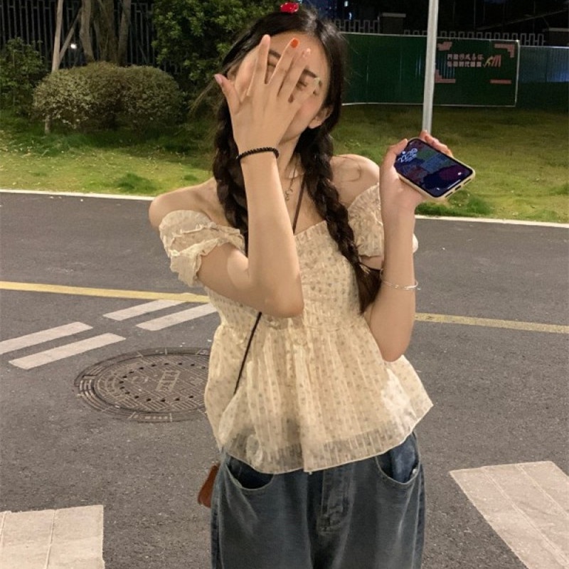 Áo Kiểu Trễ Vai Tay Phồng In Họa Tiết Hoa Thời Trang Cho Nữ