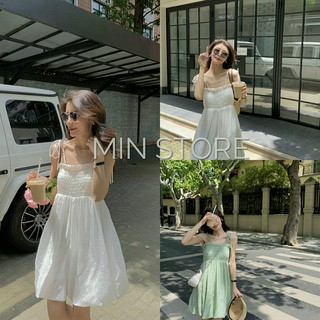 Váy 2 Dây Nữ Chun Ngực Buộc Nơ Vai Viền Bèo 🦋 Váy Xòe Nữ Hở Vai Chất Đũi Dáng Lỡ 2 Màu_minstore