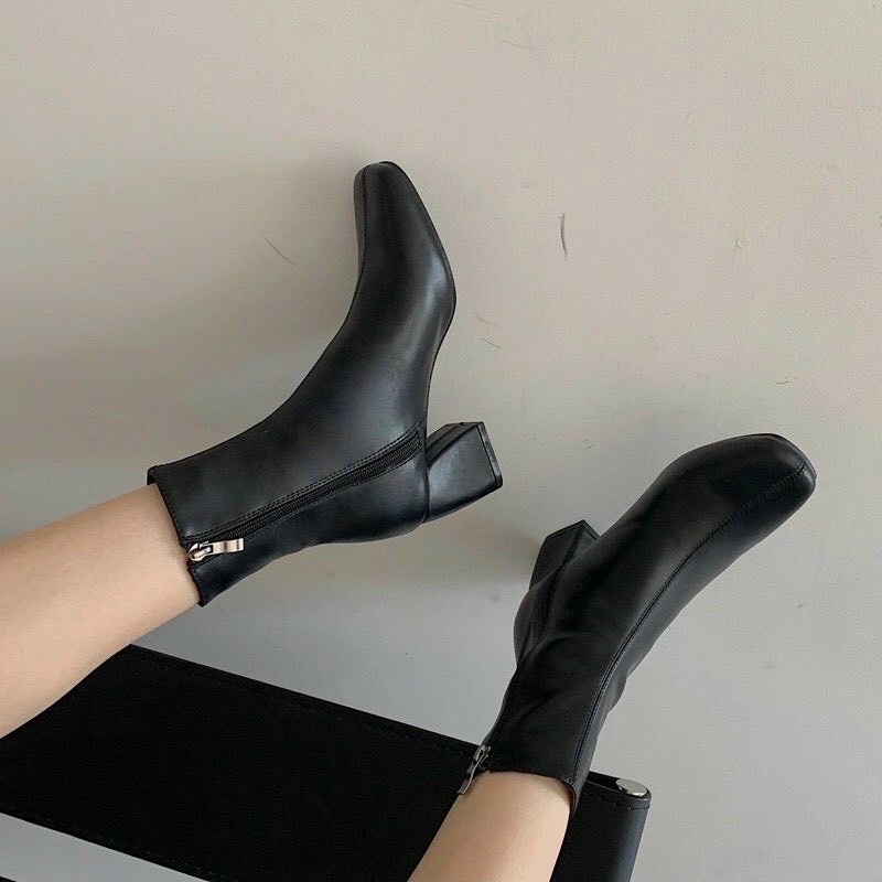 Boot lửng da mềm mũi tròn gót vuông Miji da xi siêu xinh