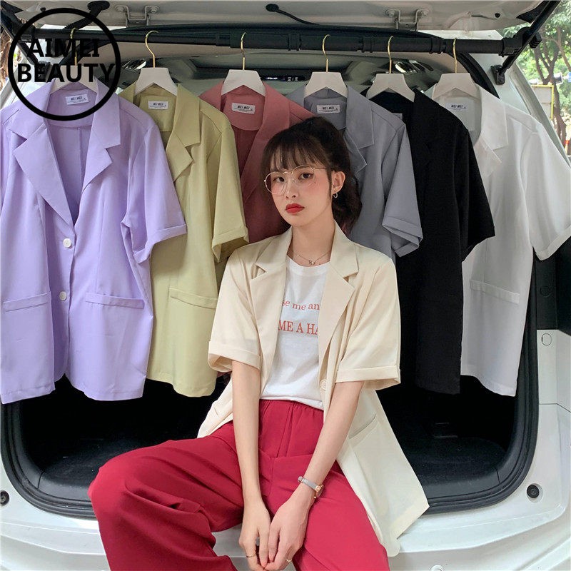 Áo Khoác Blazer Tay Ngắn Màu Trơn Phong Cách Hàn Quốc