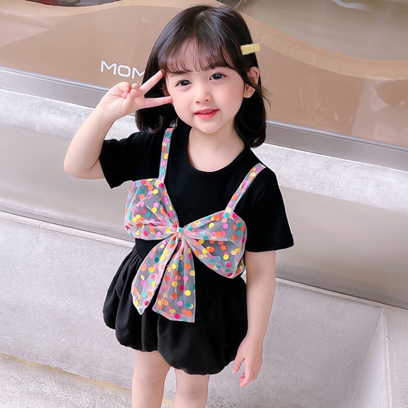 Set Áo Thun Thắt Nơ Phối Chân Váy Đen Hồng Thời Trang Cho Bé Gái