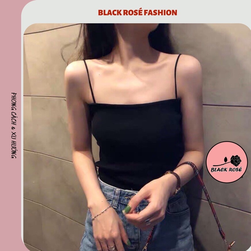 Áo 2 Dây Nữ Sợi Bún Bản Nhỏ Croptop Len Tăm Màu Trắng Đen Mặc Hai Kiểu Trong Vest Hoặc Trơn Đều Đẹp – HD01 – Black Rose