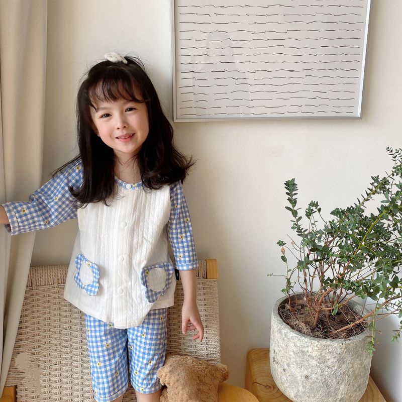Bộ Đồ Ngủ Vải Cotton Họa Tiết Sọc Ca Rô Thời Trang Xinh Xắn Cho Bé Gái
