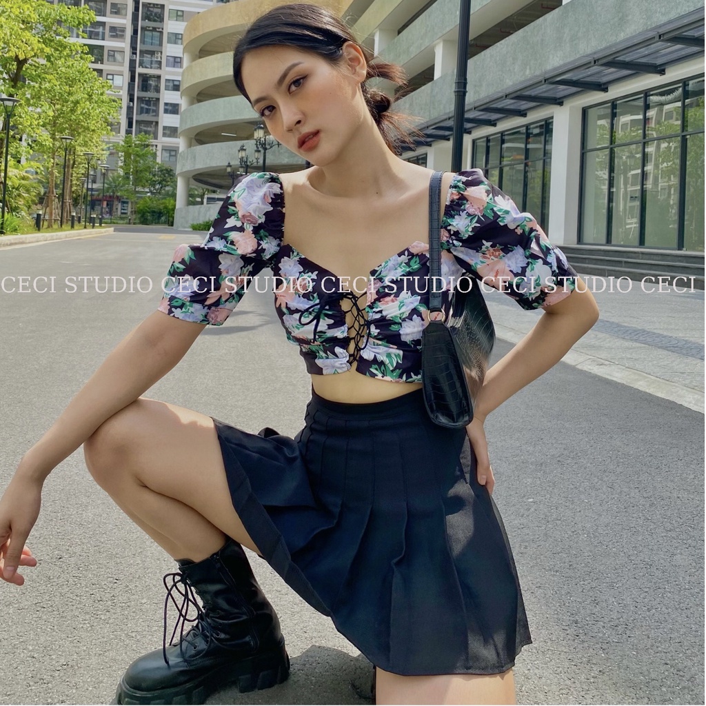 Áo Croptop Tay Ngắn Họa Tiết Hoa Thắt Dây Ngực Thiết Kế Siêu Xinh Dành Cho Nữ