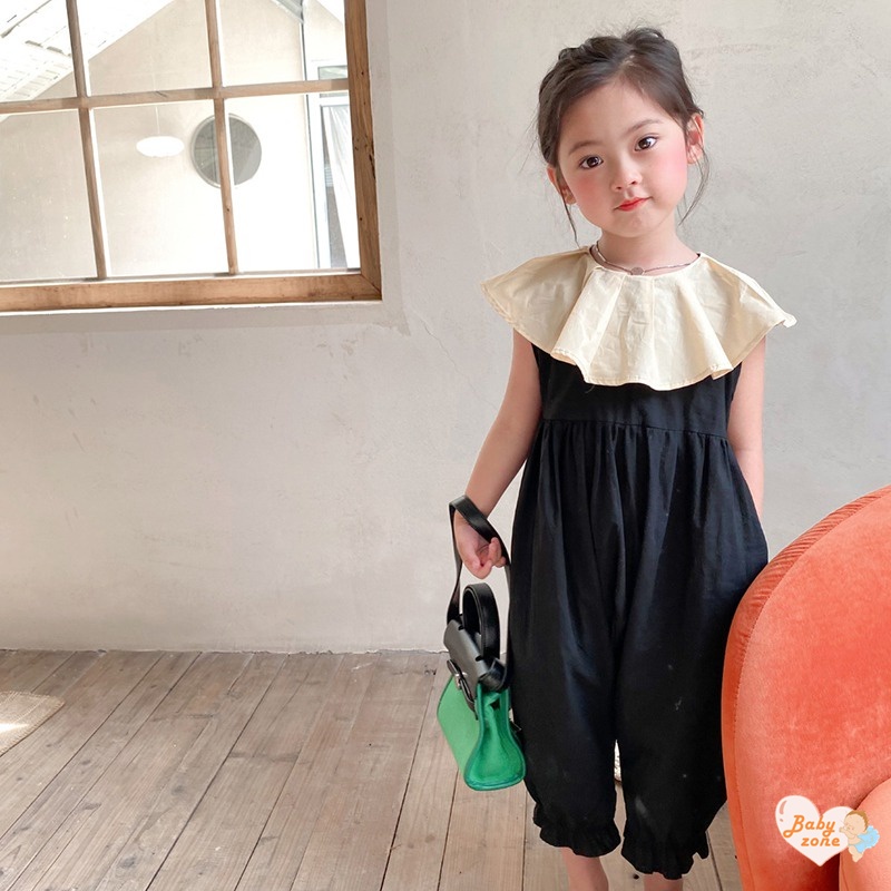 Bộ Áo Liền Quần Sát Nách Dáng Rộng Màu Đen Dễ Thương Thời Trang Mùa Hè Cho Bé Gái 3-8 Tuổi