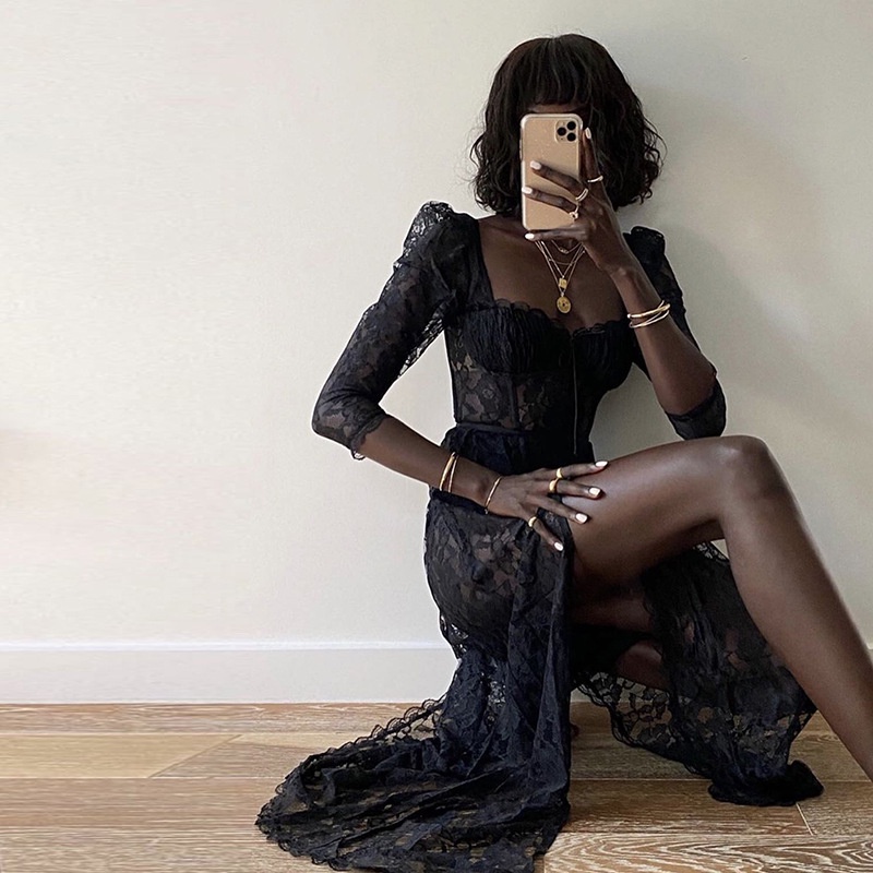 Đầm Tay Lửng Cổ Vuông Phối Ren Xuyên Thấu Xẻ Tà Quyến Rũ Cho Nữ