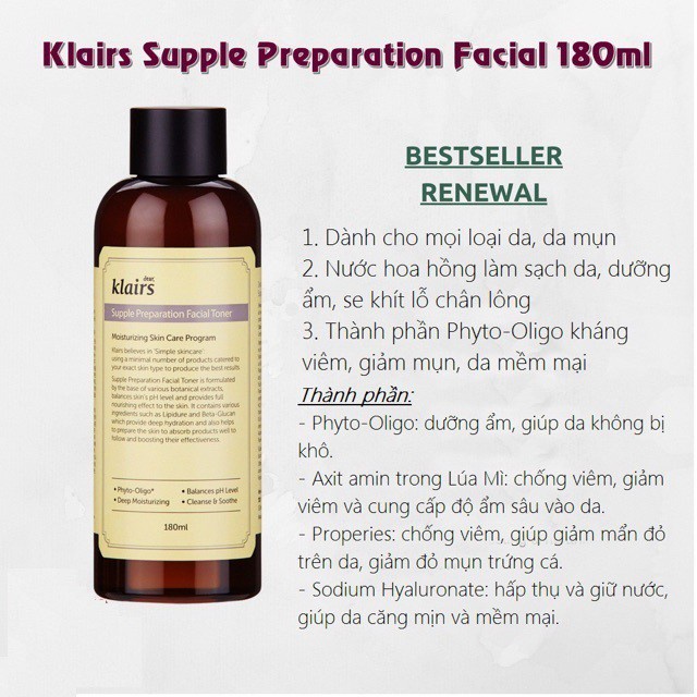 Nước Hoa Hồng Dear, Klairs Supple Preparation Toner 180ml