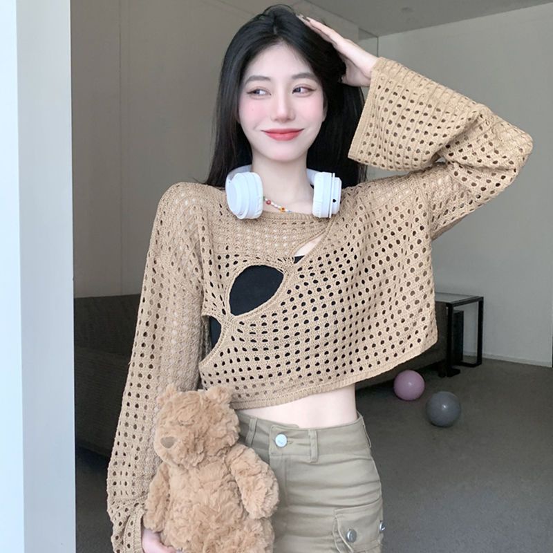 Áo Sweater Dệt Kim Tay Dài Thiết Kế Khoét Lỗ Dáng Ngắn Thời Trang Trẻ Trung
