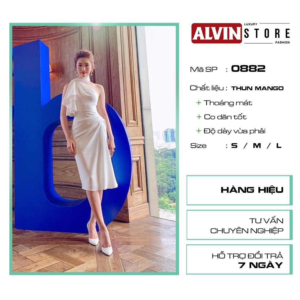 Đầm Xoè Lệch Vai Choàng Cổ Thiết Kế Bèo Nhún Sang Trong Thích Hợp Dự Tiệc. Alvin Store 0882