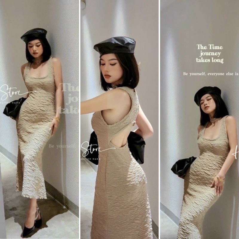Sẵn Đầm body xốp sát nách hở lưng  màu trắng đen nâu