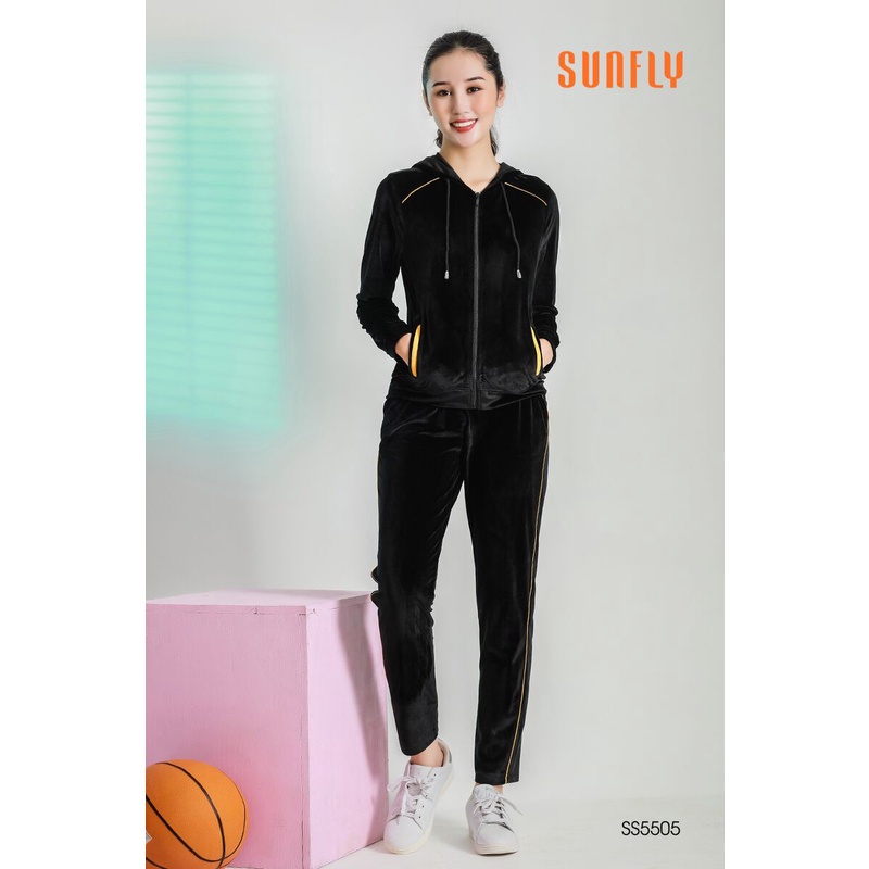 Bộ thể thao SUNFLY nhung kéo khóa có mũ áo dài quần dài SS5505
