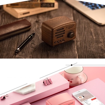 Loa để bàn hình chữ nhật màu gỗ phong cách vintage có cổng usb