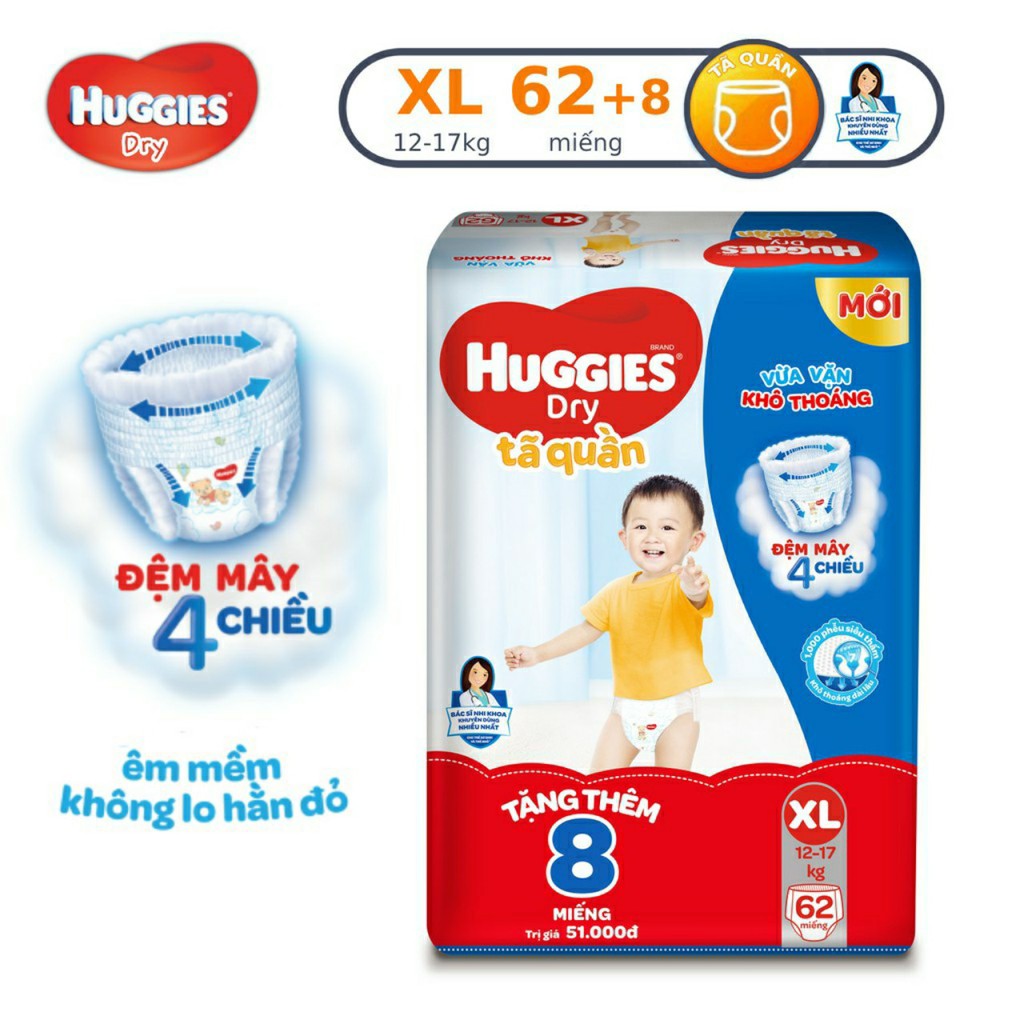 Tặng thêm 8 miếng Tã quần HUGGIES DRY PANTS SUPER JUMBO M74+8 , L68+8 , XL62+8 , XXL56+8