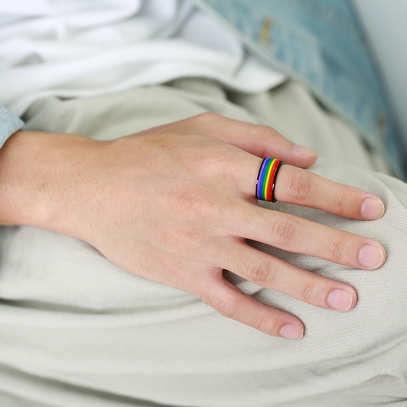 Nhẫn cầu vồng lgbt thép titan không rỉ N03 - 9mm - Đen - Bạc