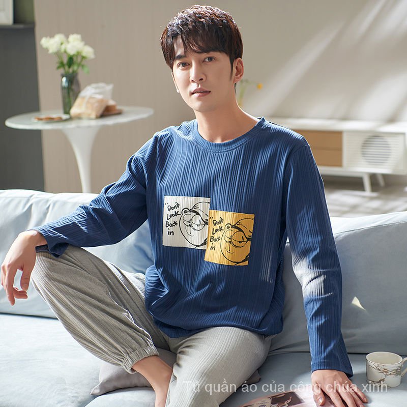 Bộ đồ ngủ tay dài chất liệu cotton mỏng nhẹ thời trang thu đông cho nam EI9w