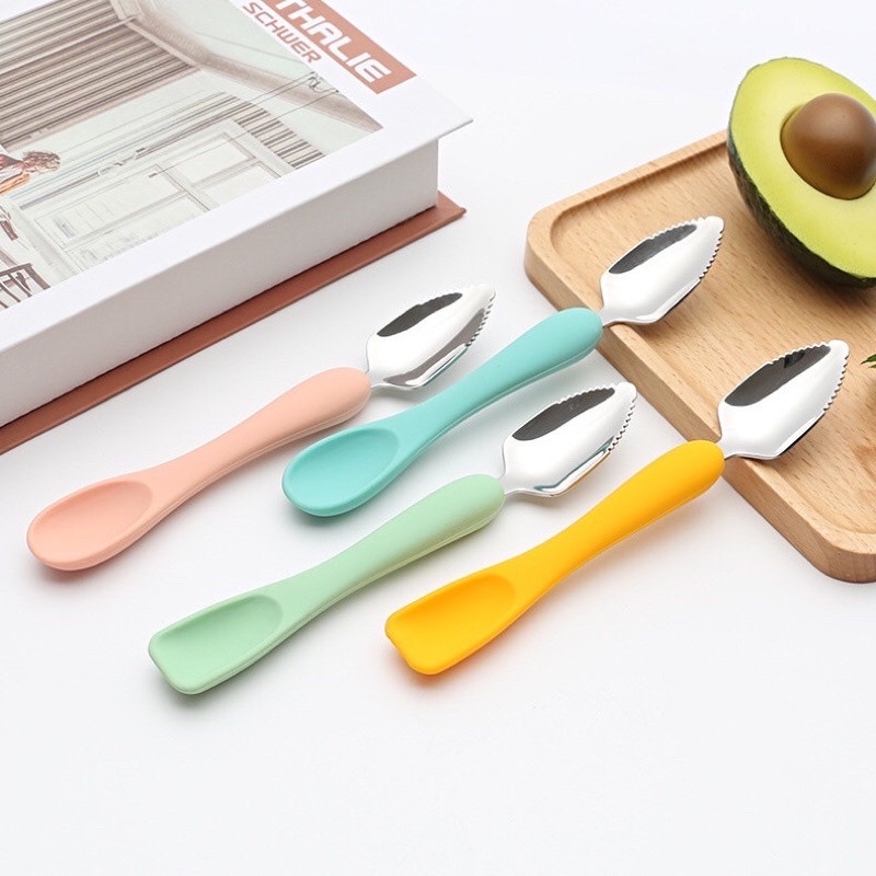 Thìa Muỗng Nạo Hoa Quả 2 Đầu Tiện Lợi Kết Hợp Thìa Ăn Dặm Silicon Cho Bé hanghieuchobe Tặng kèm hộp đựng