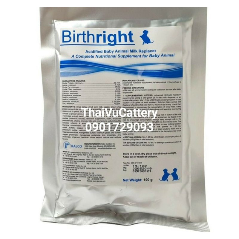 Birthright gói 100g - Sữa bột thay thế sữa mẹ cho chó mèo con