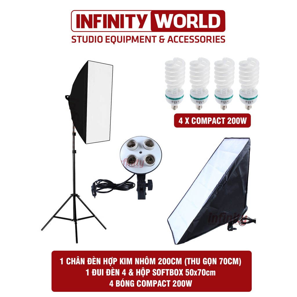 Bộ đèn softbox chụp sản phẩm, quay phim đui 4 bóng (50x70cm)