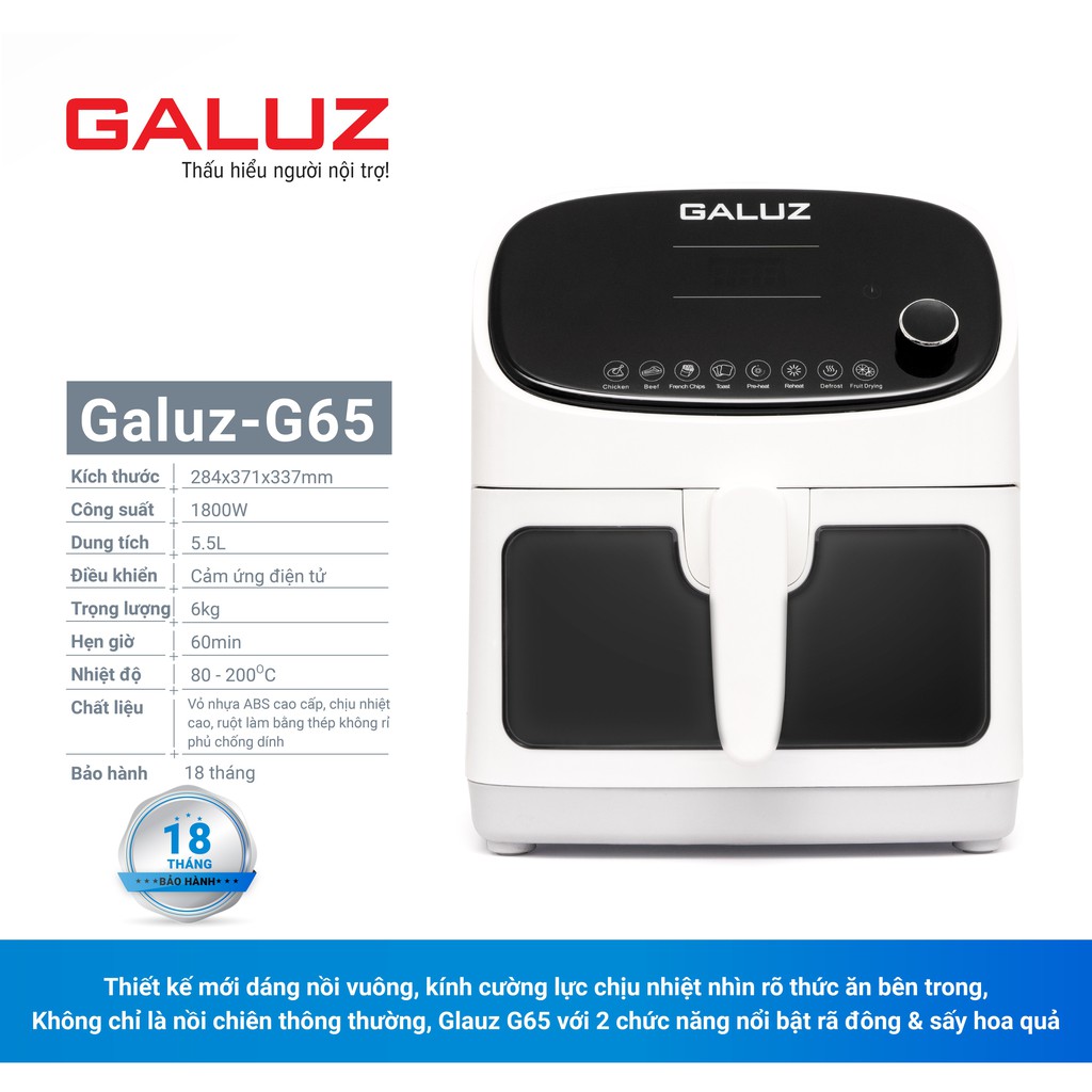 (Tặng nồi cơm Galuz) Nồi chiên không dầu điện tử GALUZ G-65 (G65) dung tích 5,5L, công suất 1800W, bảo hành  30 tháng