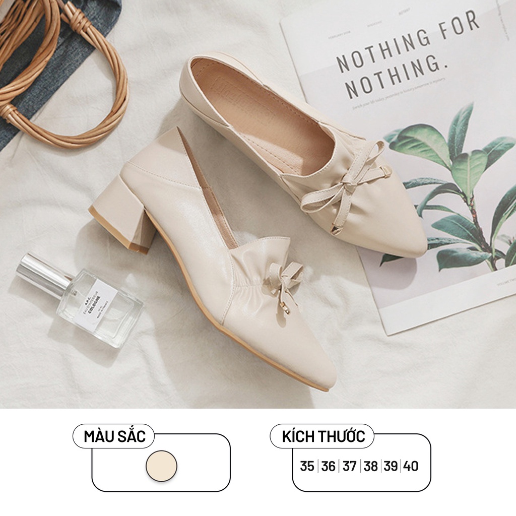 Giày Nữ Dáng Loafer Mũi Nhọn Ulzzang Thắt Nơ Có Nhún Ở Đầu Giày Gót Vuông 2cm Basic Phong Cách Hàn Quốc - Iclassy_shoes