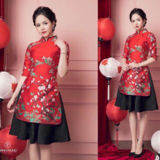 Set áo gấm cổ tàu và chân váy