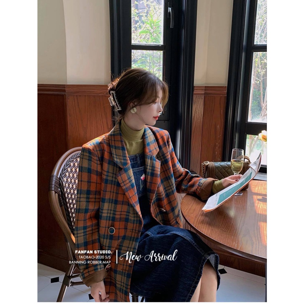 Áo Khoác Blazer Kẻ Sọc Phong Cách Retro Màu Siêu Tây Cho Nữ