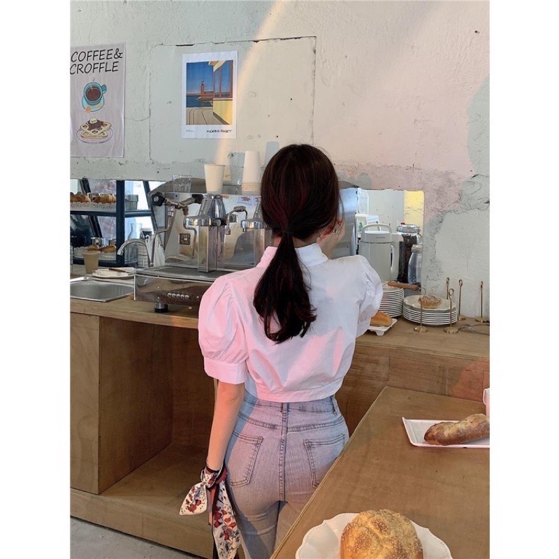 Áo sơ mi croptop tay bồng ulzzang - Áo thô croptop trắng tay phồng phong cách Hàn Quốc thời trang cho nữ