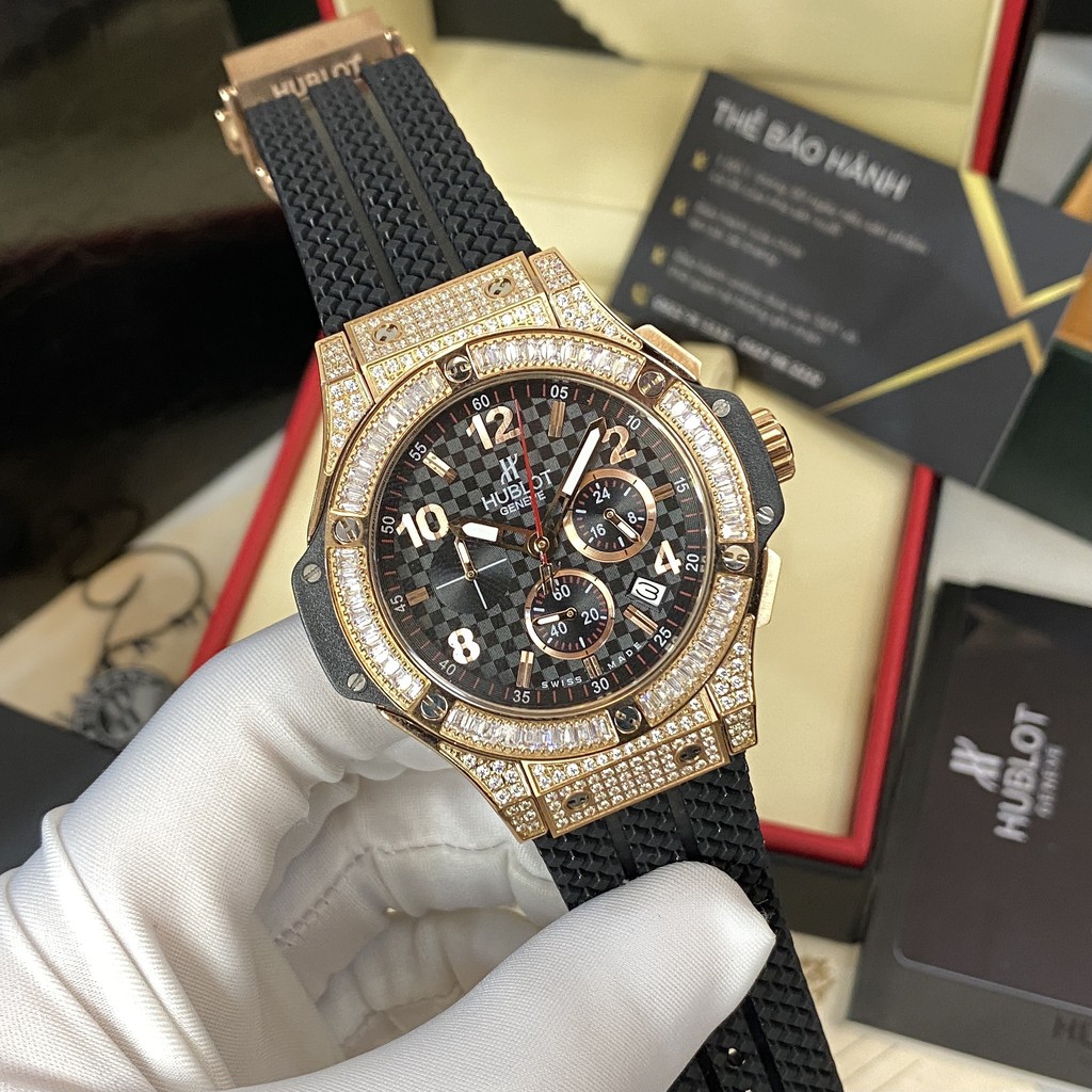 Đồng hồ nam Hublot mặt tròn size 42 đính đá cao cấp dây cao su chống nước DH605    shop106 | BigBuy360 - bigbuy360.vn