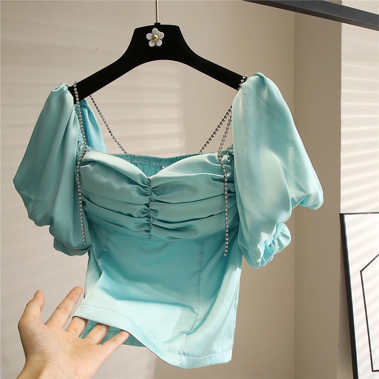 One-word collar chiffon lining careful machine leaking shoulder 100 pleated waist halter halter top 2022 Korean version thin bubble sleeve blouse