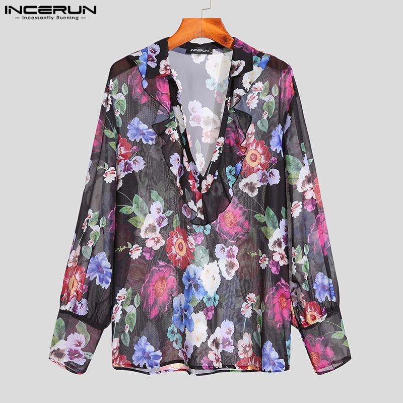 INCERUN Áo Lưới Hoa Xuyên Thấu Cổ V Gợi Cảm Dành Cho Nam