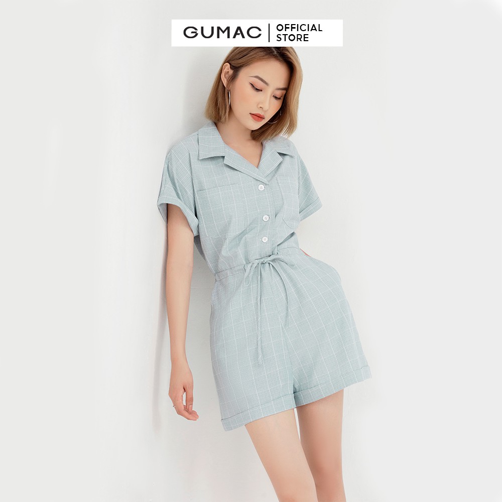 [Mã WABRG208 giảm 10% tối đa 50k đơn từ 250k] Jumpsuit ngắn phối nơ eo GUMAC màu xanh tay ngắn năng động DB5114 | BigBuy360 - bigbuy360.vn