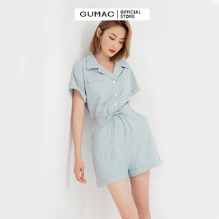 Jumpsuit ngắn phối nơ eo GUMAC màu xanh tay ngắn năng động DB5114