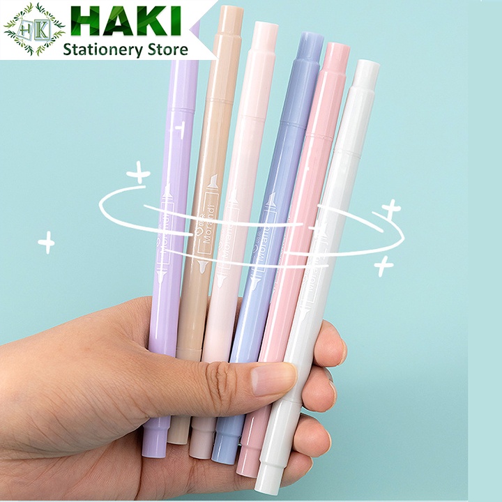 Bút highlight pastel 2 đầu morandi HAKI, bút đánh dấu nhớ dòng dạ quang cute nhiều màu marker dễ thương B49