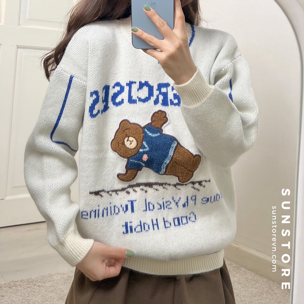 Áo sweater len hình gấu form ôm Ulzzang