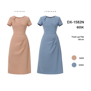Váy xòe cổ tròn Lyntran Đầm xòe xoắn ngực váy DX-1582N xếp ly sườn sang trọng