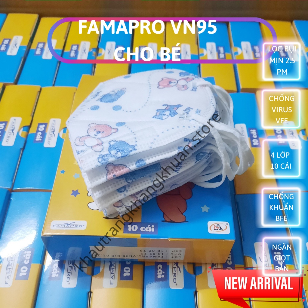 Khẩu trang N95 cho bé, Khẩu trang Famapro cho bé, 4 lớp, dễ đeo, ôm sát, hoa văn (Hôp 10 cái)