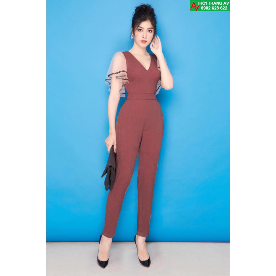 Jumpsuit - Đồ bay dài cổ tim tay cánh tiên phối lưới sang trọng - AV5952