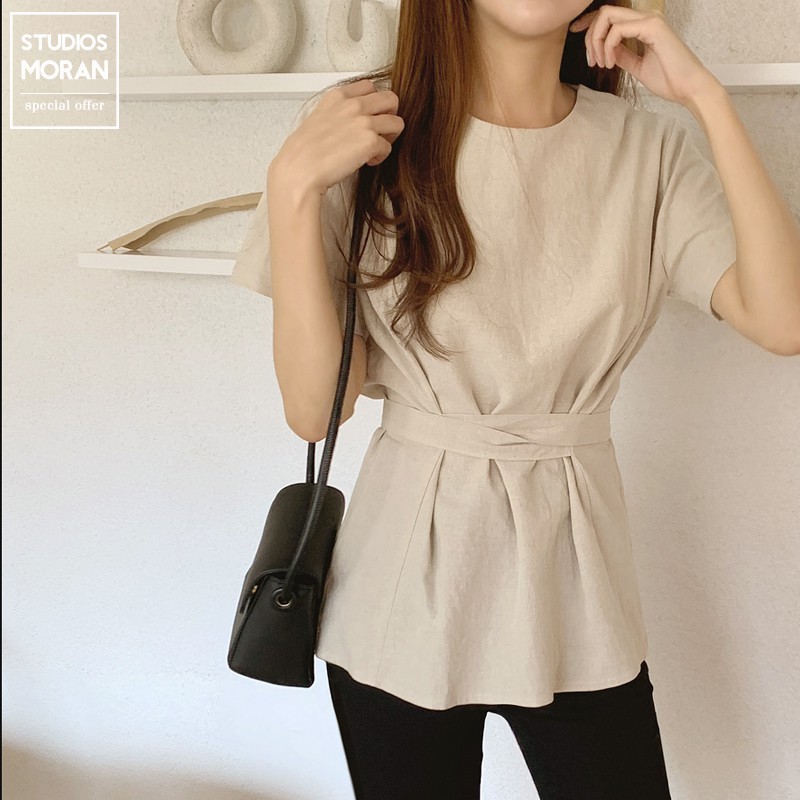 Áo sơ mi cộc tay thắt nơ sau lưng MORAN thon eo style điệu đà vintage công sở Hàn Quốc