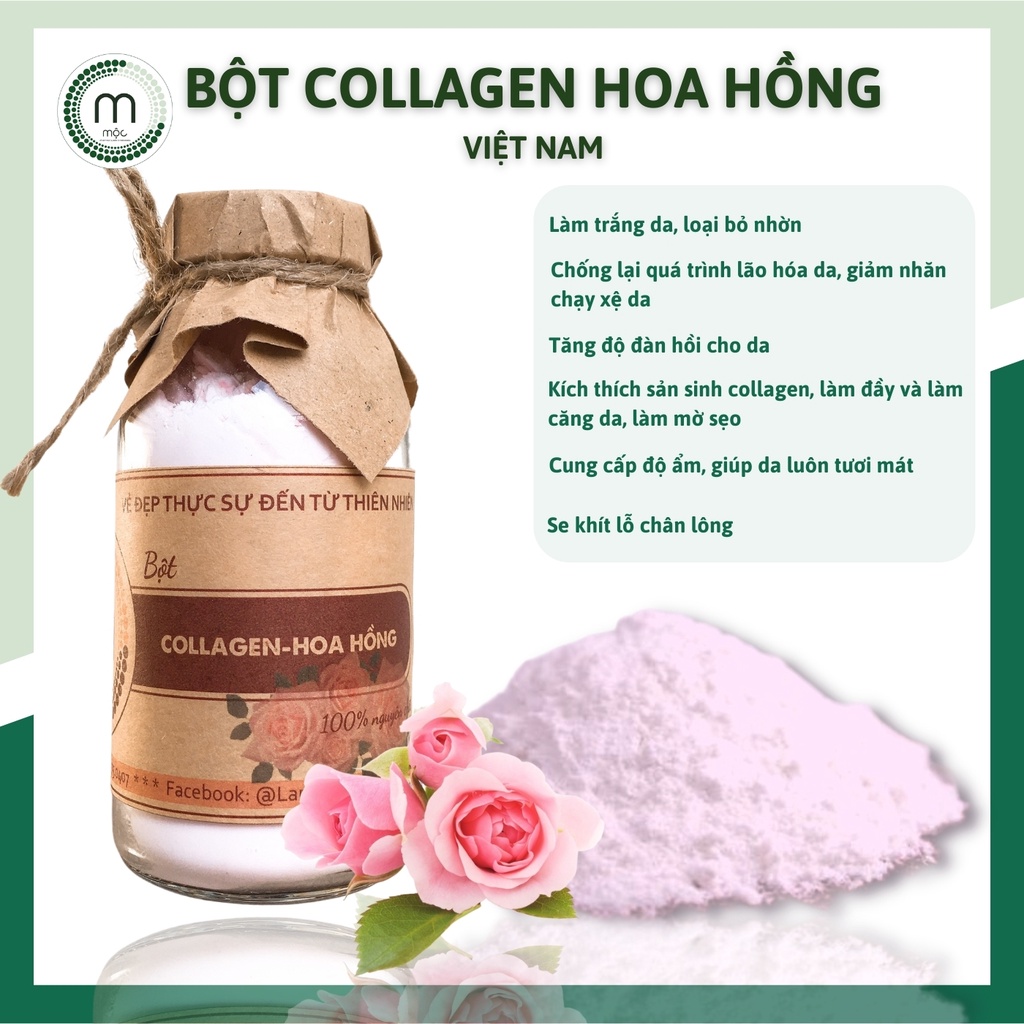 Bột Collagen Hoa Hồng đắp mặt nạ MỘC - ngăn ngừa lão hóa, làm săn chắc da, dưỡng da trắng hồng chai 100/200ml handmade