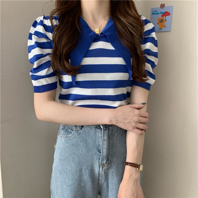 Áo thun IELGY tay ngắn cổ bẻ in họa tiết kẻ sọc nhiều màu sành điệu cho nữ