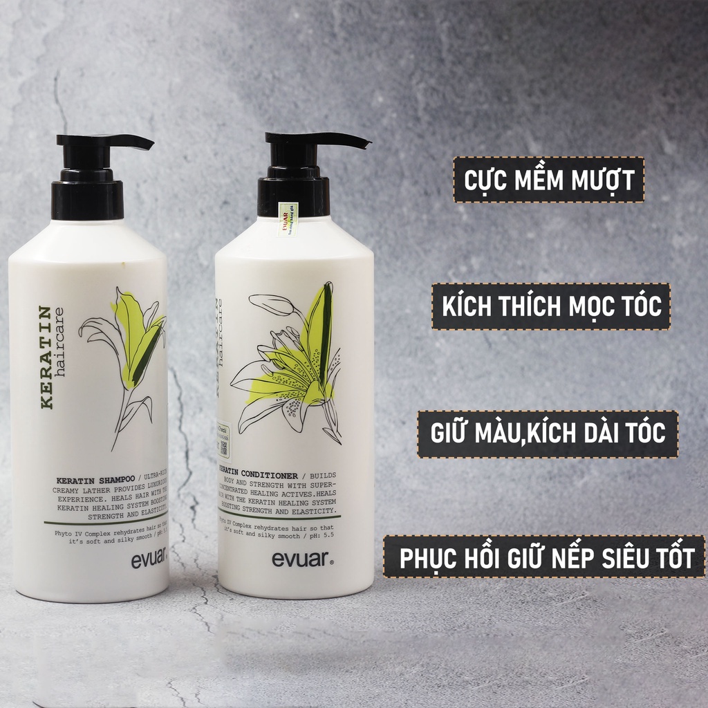 Cặp Dầu Gội Xả KERATIN EVUAR 758ml | Phục Hồi Tóc Hư Tổn, Chống Rụng Tóc | Nhập Khẩu và Phân Phồi Bởi ALYA VN