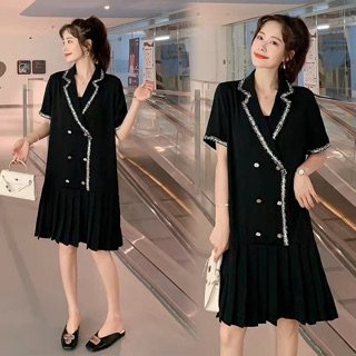 (Order 5-10days) Bigsize L-4XL Đầm cổ vest viền tweed dáng suông đuôi xếp li