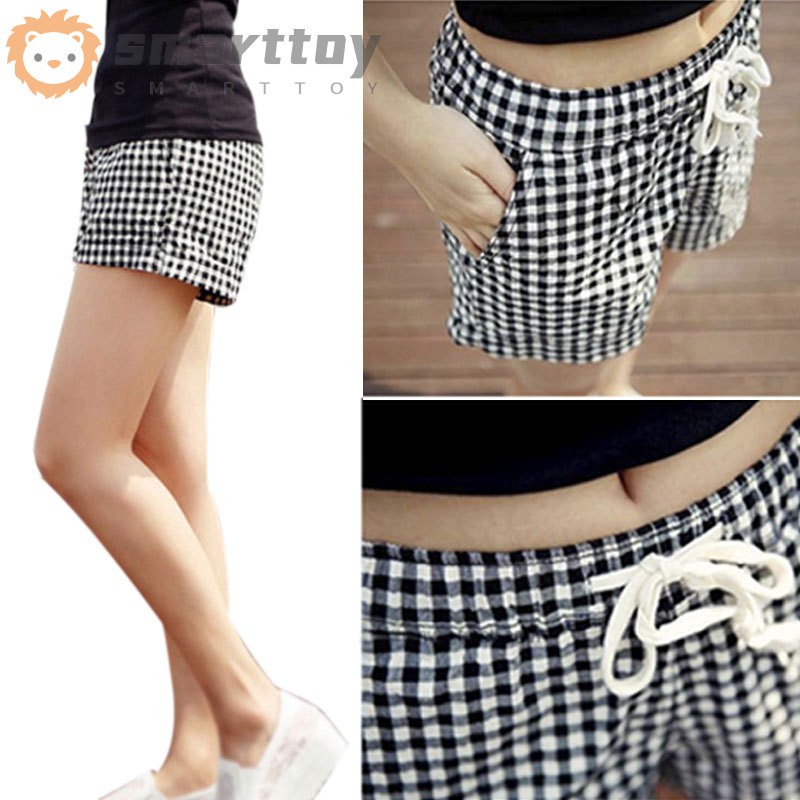 Fashion Women Plaid Shorts Casual Loose Elastic Waist All-Match Summer Cotton Short Pants Plus Size 4XL