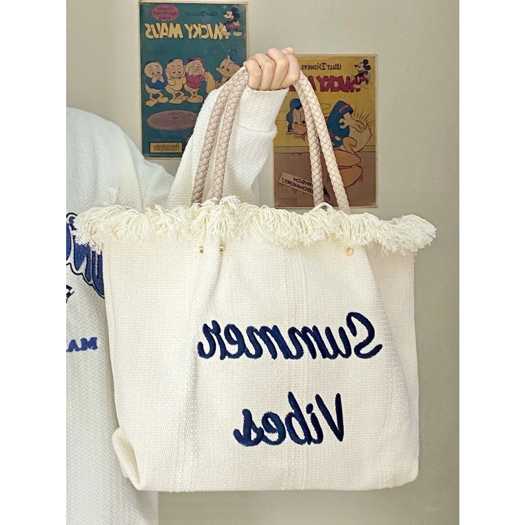Túi Xách Canvas Cỡ Lớn Thêu Chữ Thời Trang Cho Nữ