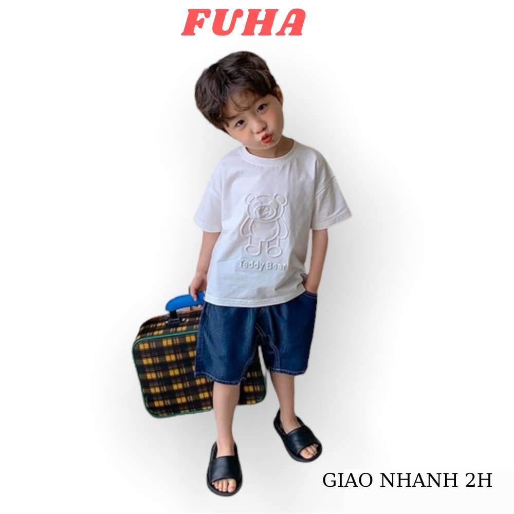 Áo cộc tay cho bé FUHA, áo hè in nhiệt chất cotton mát mẻ túi zip bé 8kg đến 20kg