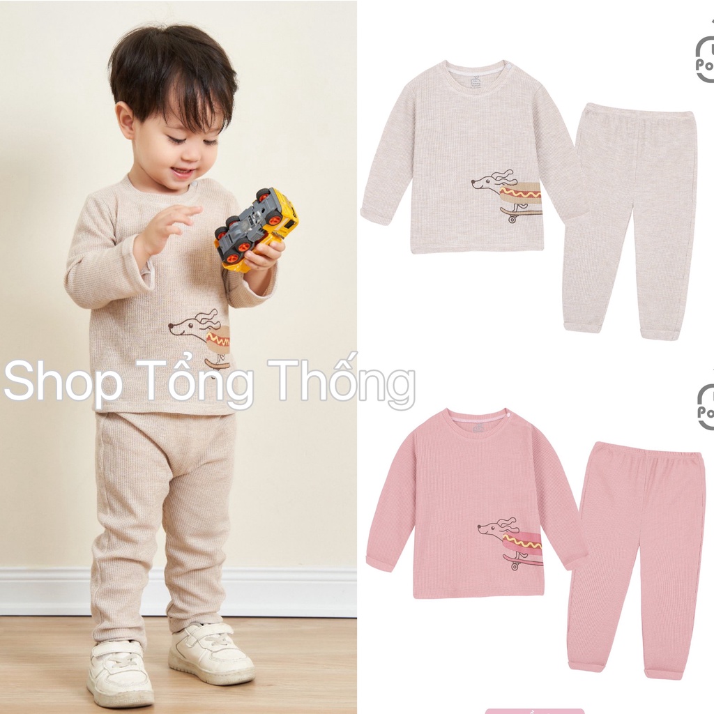 Bộ quần áo La Pomme dài tay Cotton cao cấp mềm mịn mát thấm hút tốt in chó lụm bánh hotdog cho bé trai bé gái 13065
