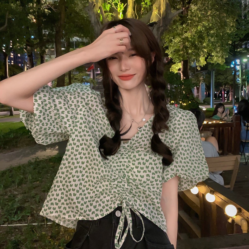 Áo Sơ Mi Ngắn Tay Cổ Chữ V Phối Dây Rút Thời Trang Mùa Hè Hàn Quốc Mới 2022 Dành Cho Nữ