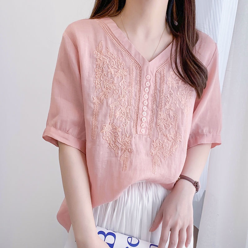 Áo Sơ Mi Vải Lanh Cotton Mỏng Cổ V Dáng Rộng Thêu Họa Tiết Kiểu Retro Thời Trang Cho Nữ