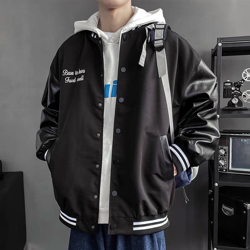 - Áo Khoác Bomber kaki phối tay da 2 lớp Unisex