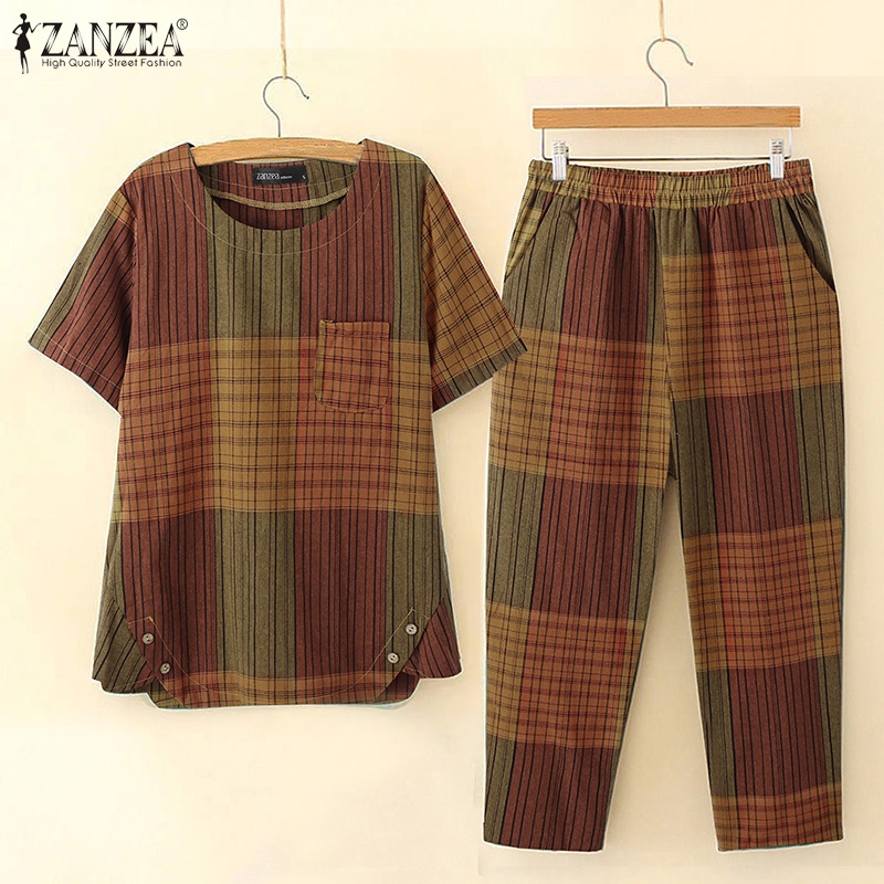 Set áo thun ngắn tay + quần dài ống rộng Zanzea thời trang nữ